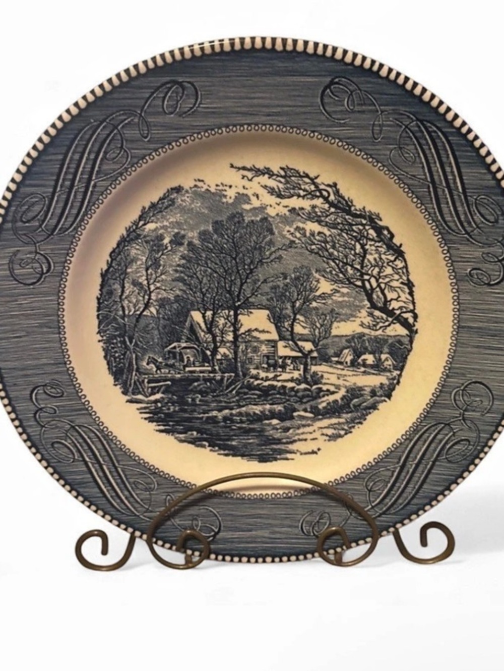 Currier & Ives The Old Grist Mill Scenic Plate Black & Cream